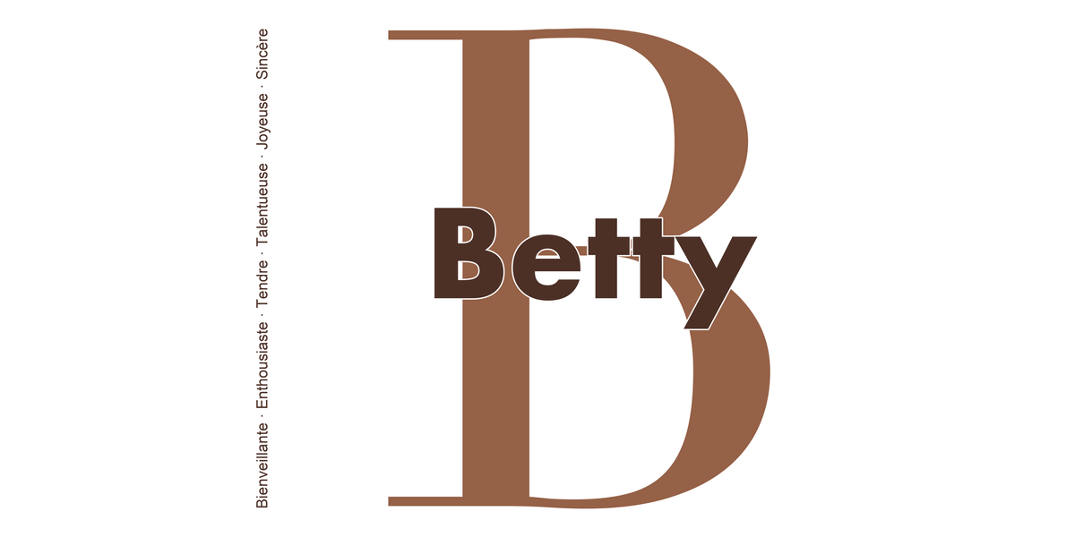 Visuel à plat du mug prénom Betty : initiale B pleine hauteur, prénom Betty centré et ligne verticale « Bienveillante · Enthousiaste · Tendre · Talentueuse · Joyeuse · Sincère »