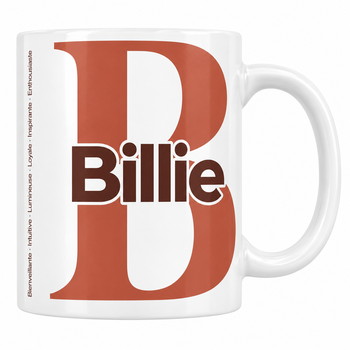 Mug blanc céramique 330 ml prénom Billie : grande initiale B, prénom Billie en lettres bold et six qualités verticales sur le côté