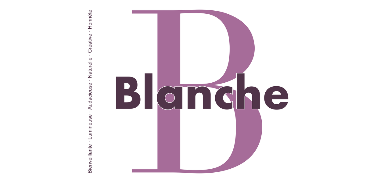 Visuel à plat du mug prénom Blanche : initiale B pleine hauteur, prénom Blanche centré et ligne verticale « Bienveillante · Lumineuse · Audacieuse · Naturelle · Créative · Honnête »