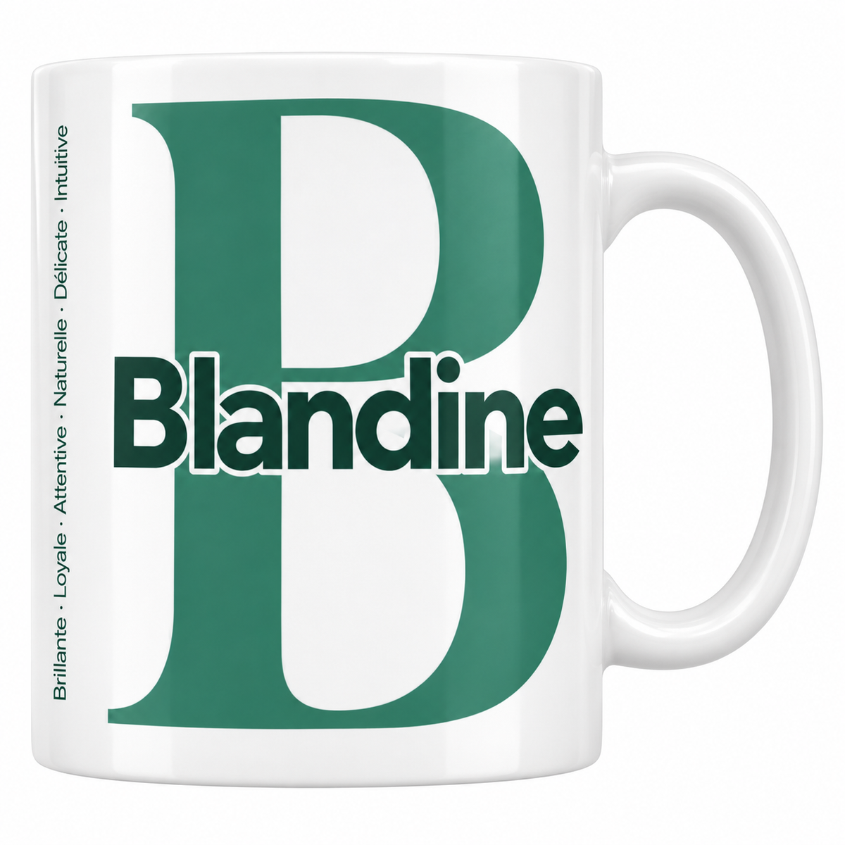 Mug blanc céramique 330 ml prénom Blandine : grande initiale B, prénom Blandine en lettres bold et six qualités verticales sur le côté