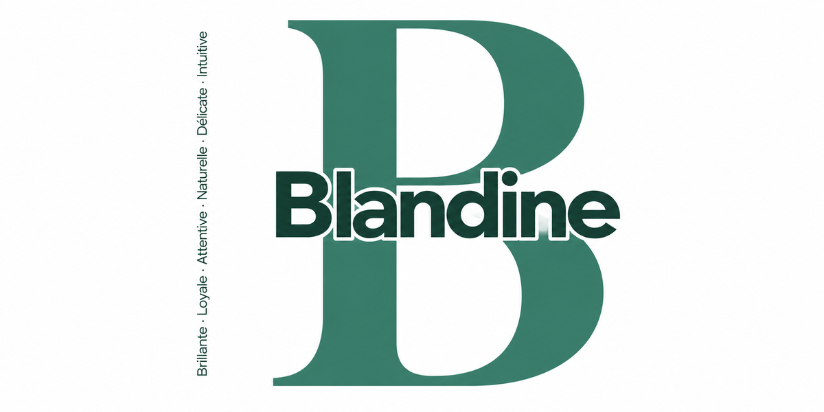 Visuel à plat du mug prénom Blandine : initiale B pleine hauteur, prénom Blandine centré et ligne verticale « Brillante · Loyale · Attentive · Naturelle · Délicate · Intuitive »