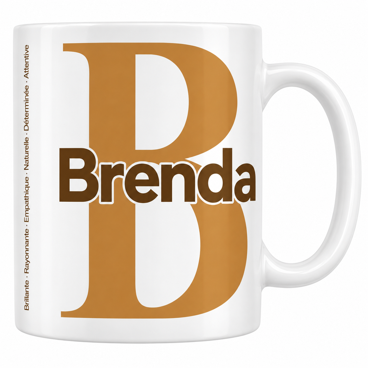 Mug blanc céramique 330 ml prénom Brenda : grande initiale B, prénom Brenda en lettres bold et six qualités verticales sur le côté