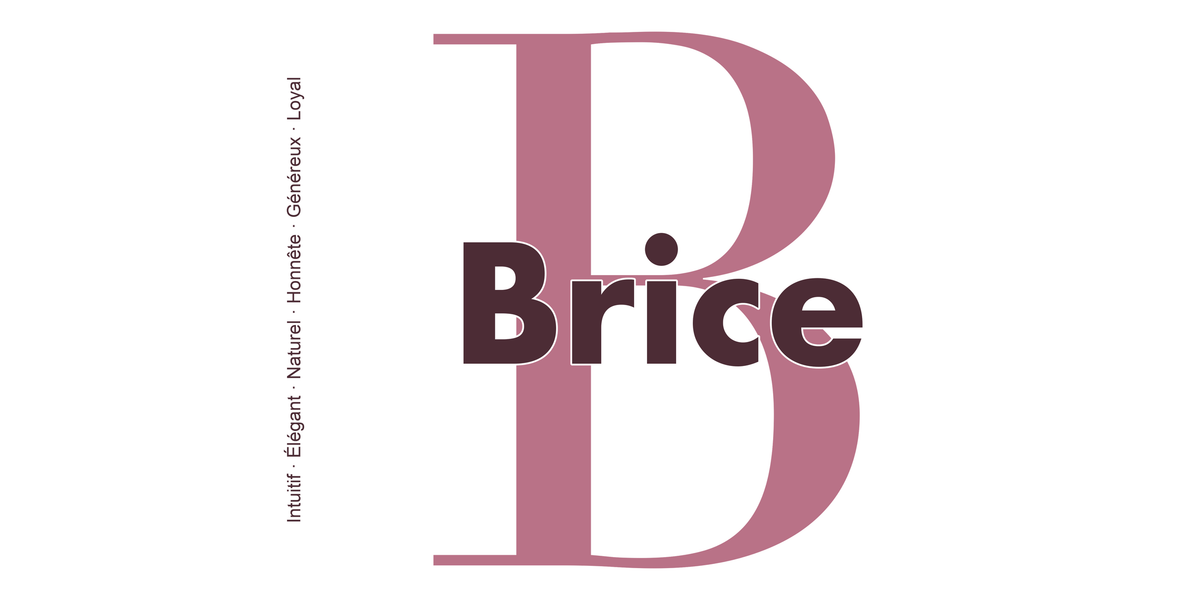 Visuel à plat du mug prénom Brice : initiale B pleine hauteur, prénom Brice centré et ligne verticale « Intuitif · Élégant · Naturel · Honnête · Généreux · Loyal »