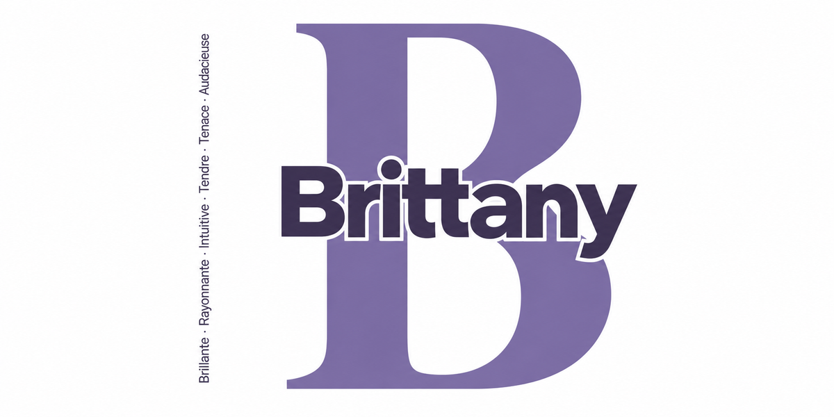 Visuel à plat du mug prénom Brittany : initiale B pleine hauteur, prénom Brittany centré et ligne verticale « Brillante · Rayonnante · Intuitive · Tendre · Tenace · Audacieuse »