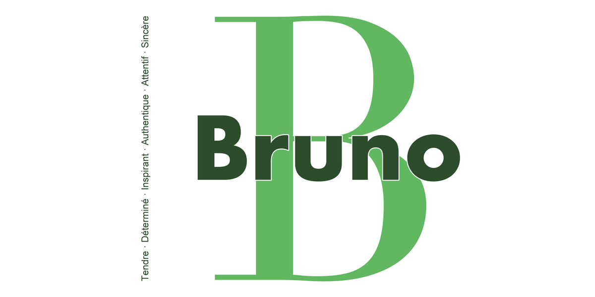 Visuel à plat du mug prénom Bruno : initiale B pleine hauteur, prénom Bruno centré et ligne verticale « Tendre · Déterminé · Inspirant · Authentique · Attentif · Sincère »