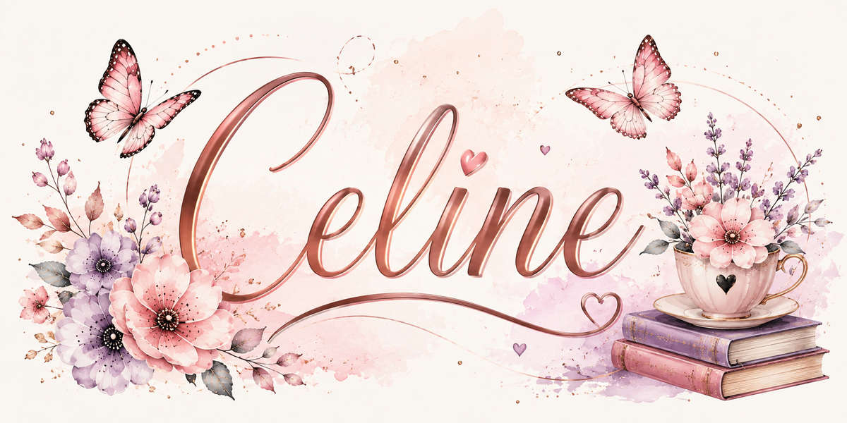 Visuel prénom Céline : script rose gold, bouquet de roses poudrées, papillons et livres anciens