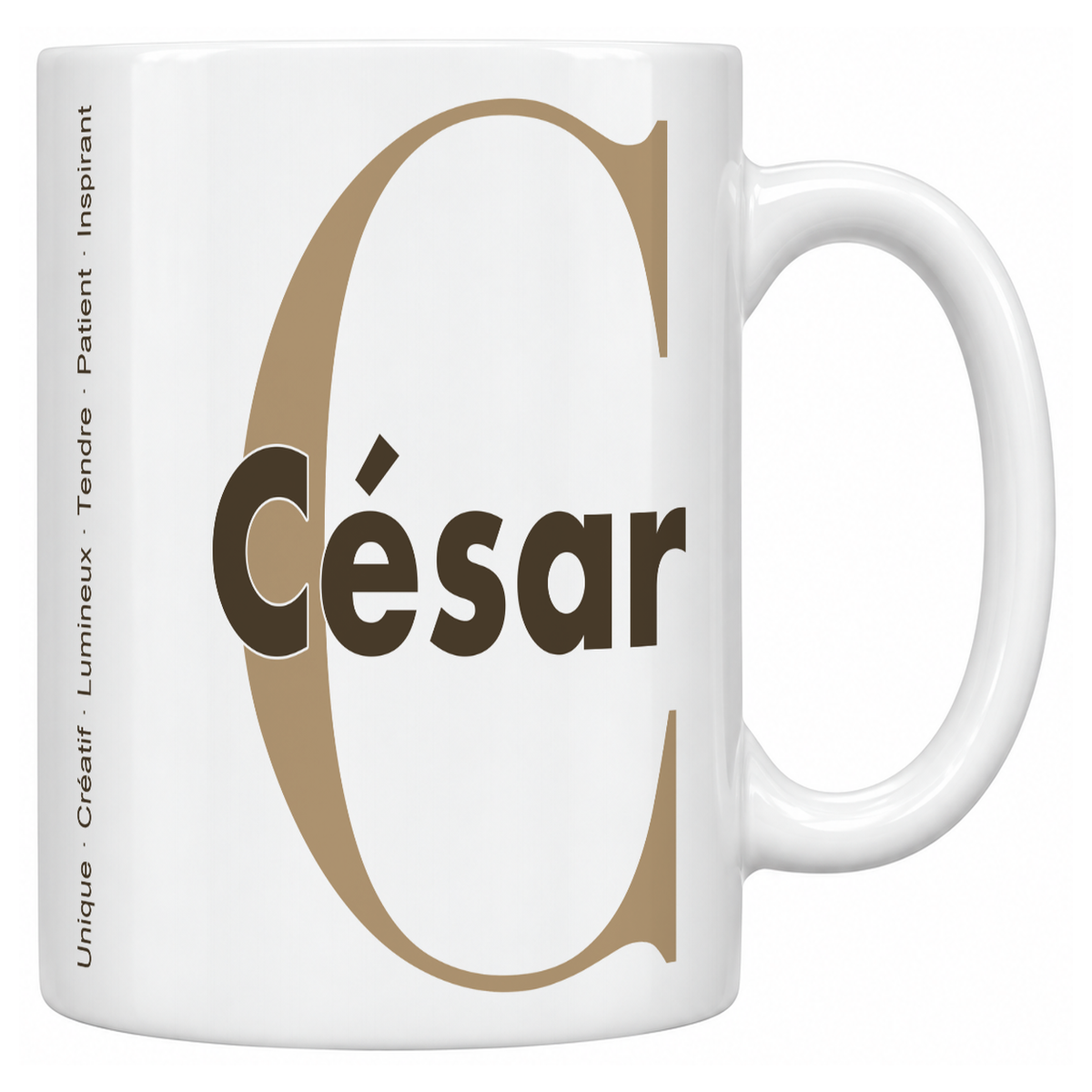 Mug blanc céramique 330 ml prénom César : grande initiale C, prénom César en lettres bold et six qualités verticales sur le côté