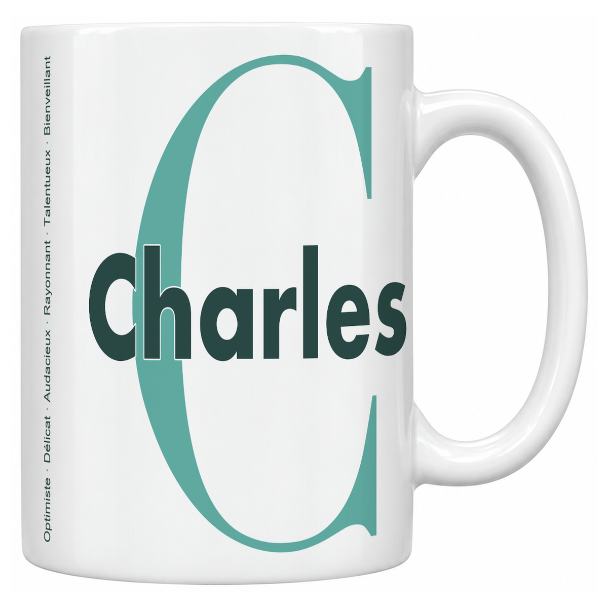 Mug blanc céramique 330 ml prénom Charles : grande initiale C, prénom Charles en lettres bold et six qualités verticales sur le côté