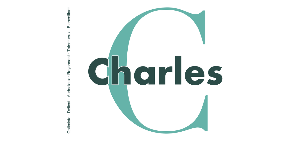 Visuel à plat du mug prénom Charles : initiale C pleine hauteur, prénom Charles centré et ligne verticale « Optimiste · Délicat · Audacieux · Rayonnant · Talentueux · Bienveillant »