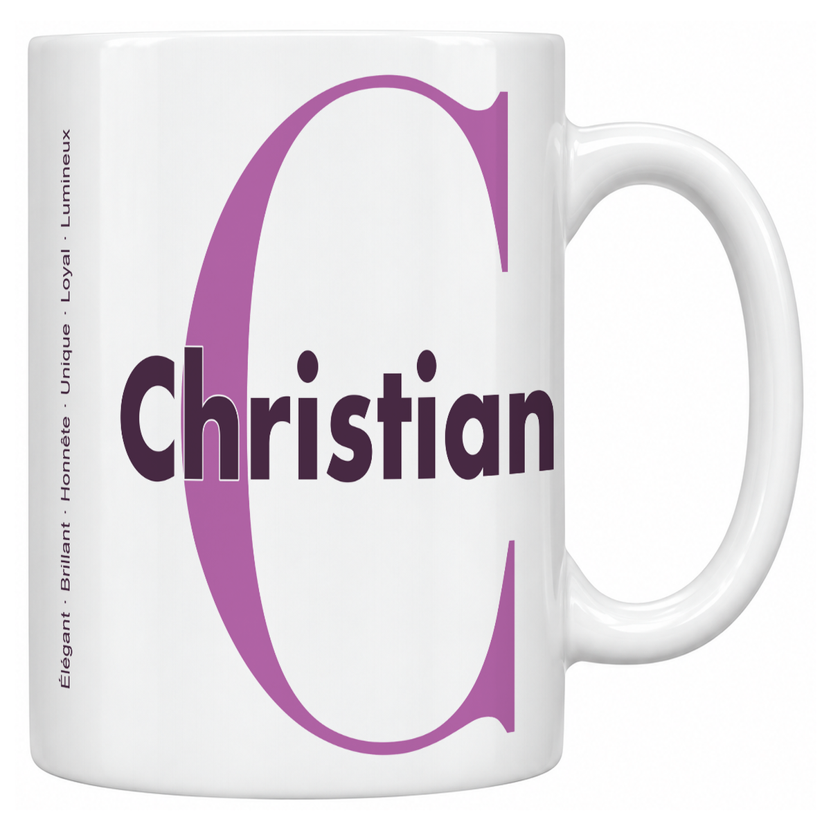 Mug blanc céramique 330 ml prénom Christian : grande initiale C, prénom Christian en lettres bold et six qualités verticales sur le côté