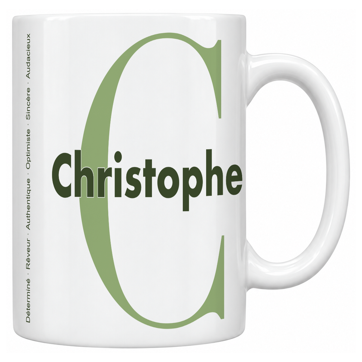 Mug blanc céramique 330 ml prénom Christophe : grande initiale C, prénom Christophe en lettres bold et six qualités verticales sur le côté