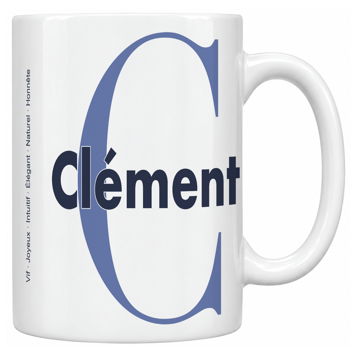 Mug blanc céramique 330 ml prénom Clément : grande initiale C, prénom Clément en lettres bold et six qualités verticales sur le côté