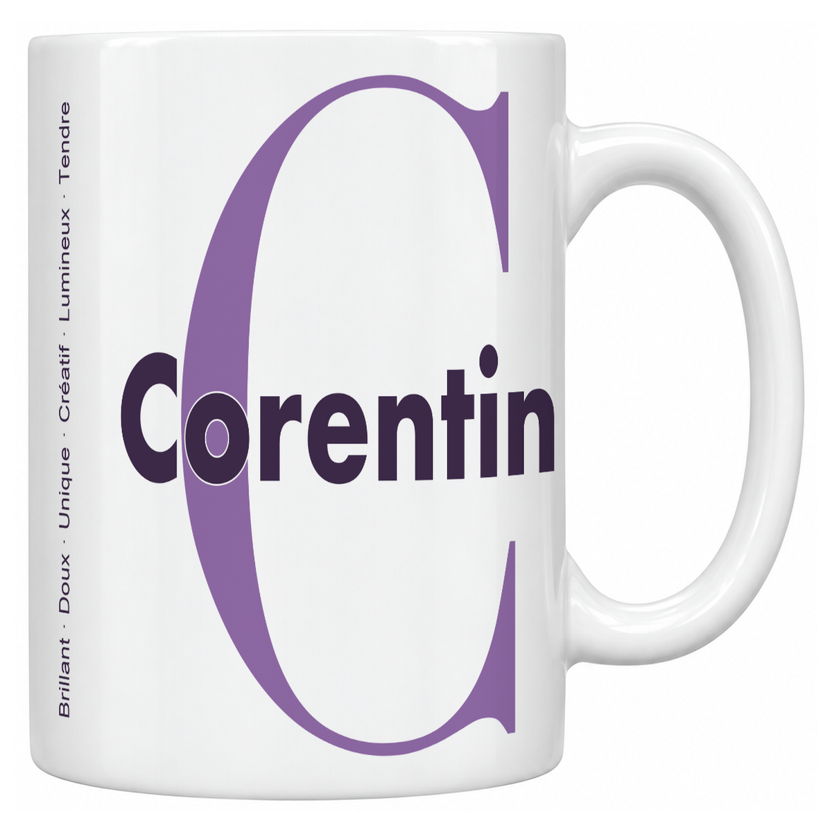 Mug blanc céramique 330 ml prénom Corentin : grande initiale C, prénom Corentin en lettres bold et six qualités verticales sur le côté