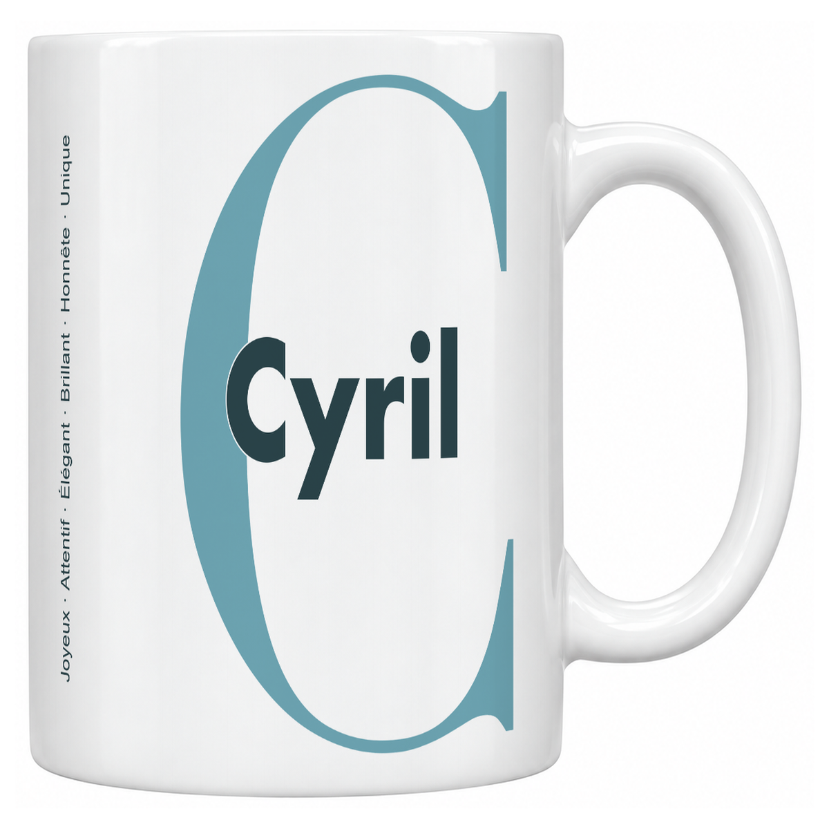 Mug blanc céramique 330 ml prénom Cyril : grande initiale C, prénom Cyril en lettres bold et six qualités verticales sur le côté