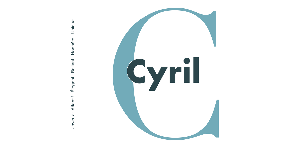 Visuel à plat du mug prénom Cyril : initiale C pleine hauteur, prénom Cyril centré et ligne verticale « Joyeux · Attentif · Élégant · Brillant · Honnête · Unique »