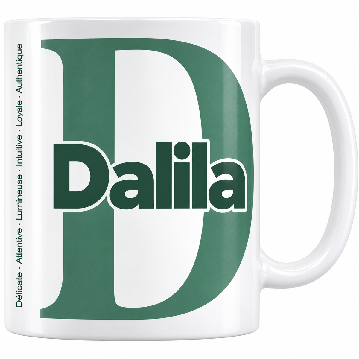 Mug blanc céramique 330 ml prénom Dalila : grande initiale D, prénom Dalila en lettres bold et six qualités verticales sur le côté