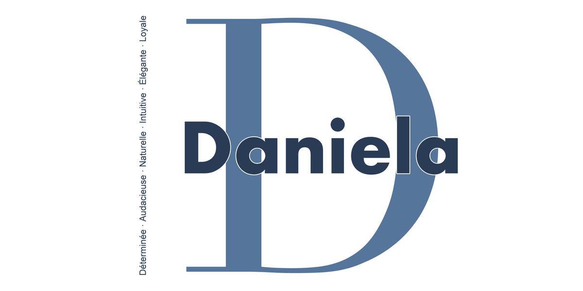 Visuel à plat du mug prénom Daniela : initiale D pleine hauteur, prénom Daniela centré et ligne verticale « Déterminée · Audacieuse · Naturelle · Intuitive · Élégante · Loyale »