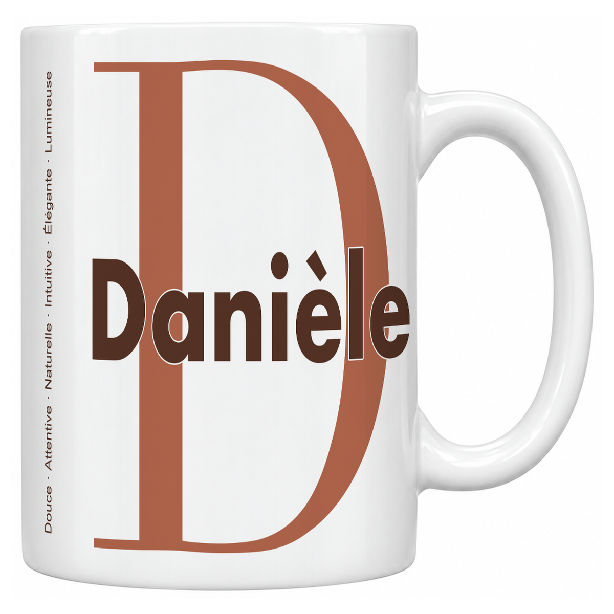 Mug blanc céramique 330 ml prénom Danièle : grande initiale D, prénom Danièle en lettres bold et six qualités verticales sur le côté