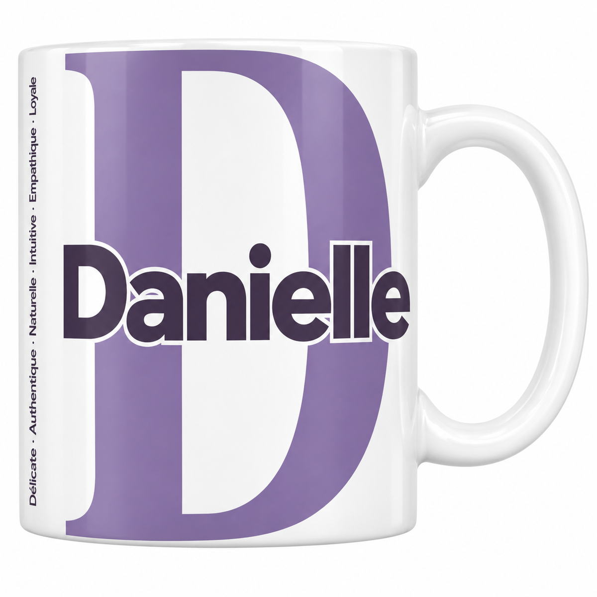 Mug blanc céramique 330 ml prénom Danielle : grande initiale D, prénom Danielle en lettres bold et six qualités verticales sur le côté