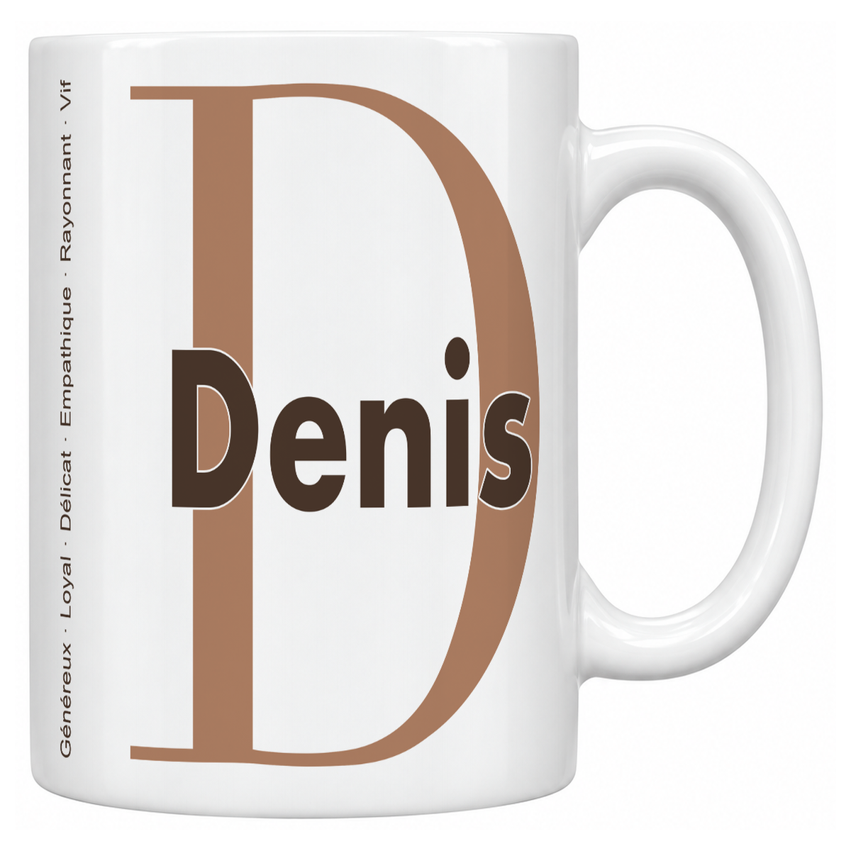Mug blanc céramique 330 ml prénom Denis : grande initiale D, prénom Denis en lettres bold et six qualités verticales sur le côté