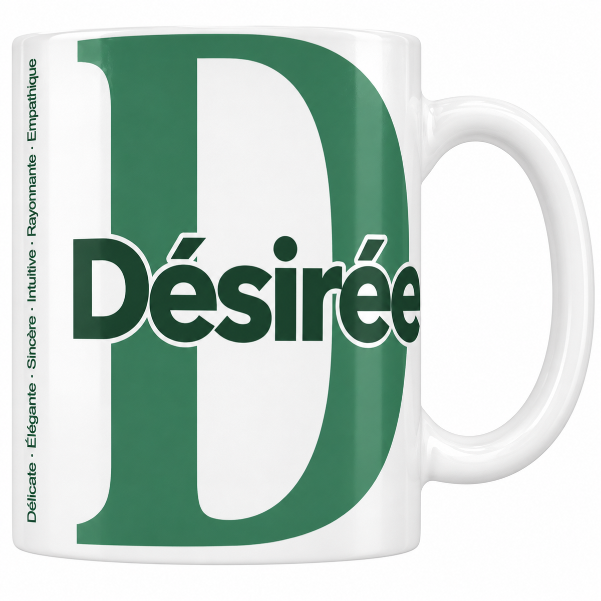 Mug blanc céramique 330 ml prénom Désirée : grande initiale D, prénom Désirée en lettres bold et six qualités verticales sur le côté