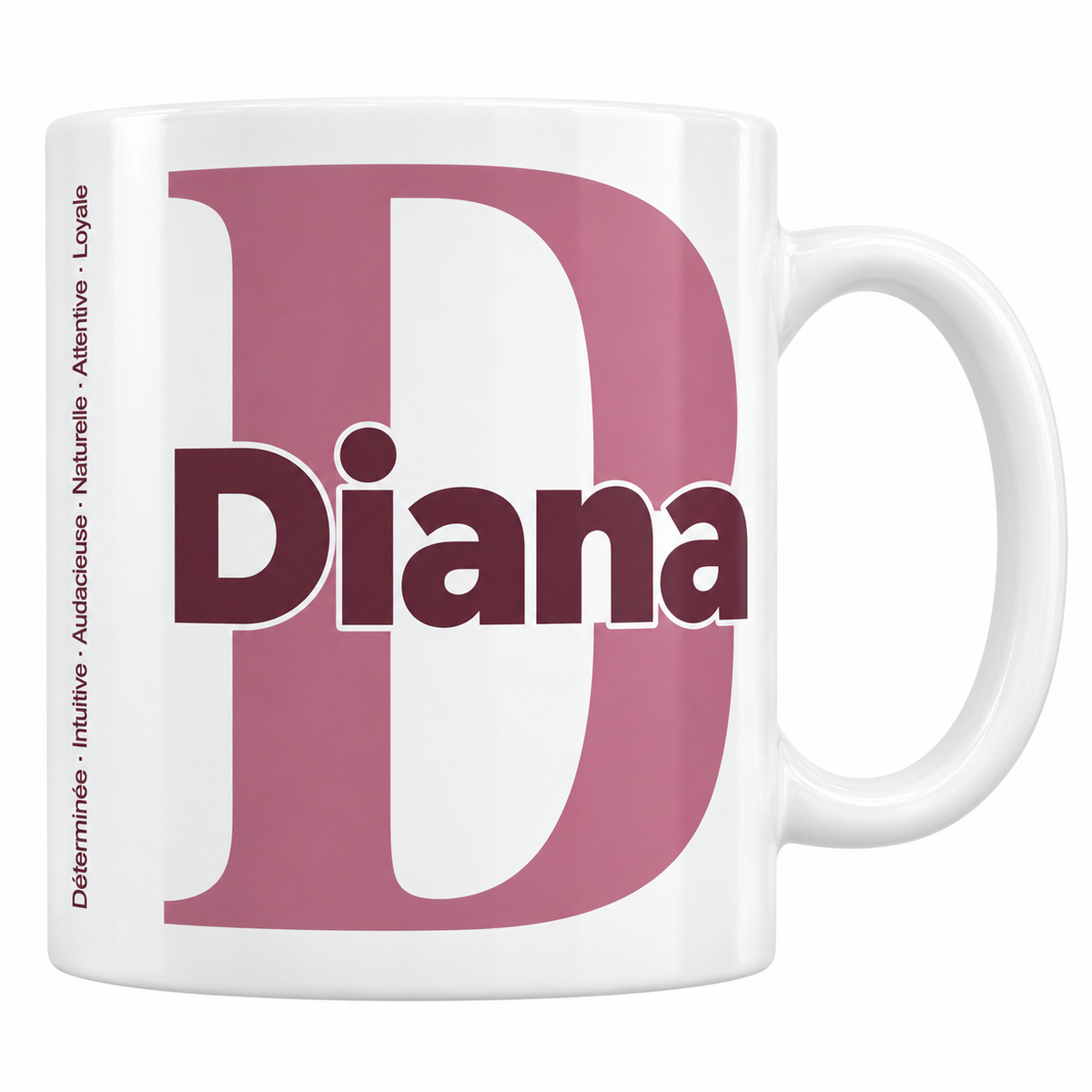 Mug blanc céramique 330 ml prénom Diana : grande initiale D, prénom Diana en lettres bold et six qualités verticales sur le côté