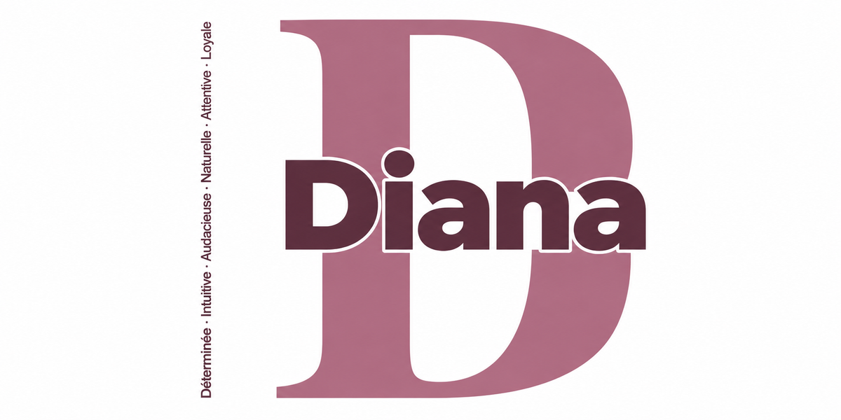 Visuel à plat du mug prénom Diana : initiale D pleine hauteur, prénom Diana centré et ligne verticale « Déterminée · Intuitive · Audacieuse · Naturelle · Attentive · Loyale »