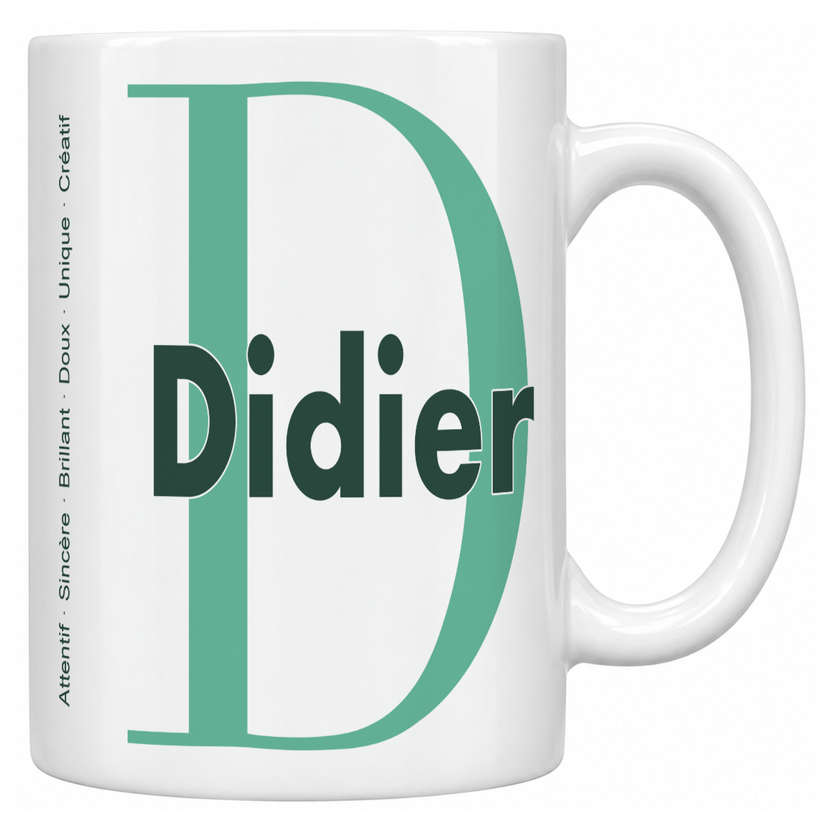 Mug blanc céramique 330 ml prénom Didier : grande initiale D, prénom Didier en lettres bold et six qualités verticales sur le côté