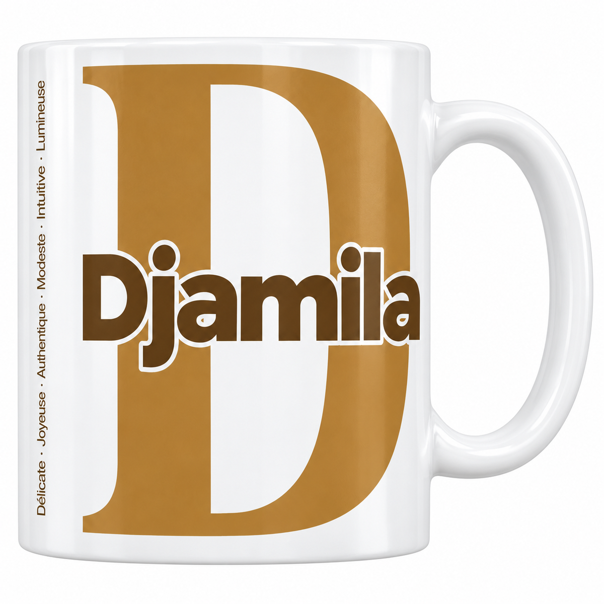 Mug blanc céramique 330 ml prénom Djamila : grande initiale D, prénom Djamila en lettres bold et six qualités verticales sur le côté