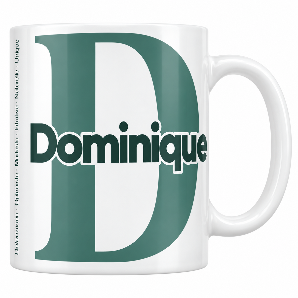 Mug blanc céramique 330 ml prénom Dominique : grande initiale D, prénom Dominique en lettres bold et six qualités verticales sur le côté