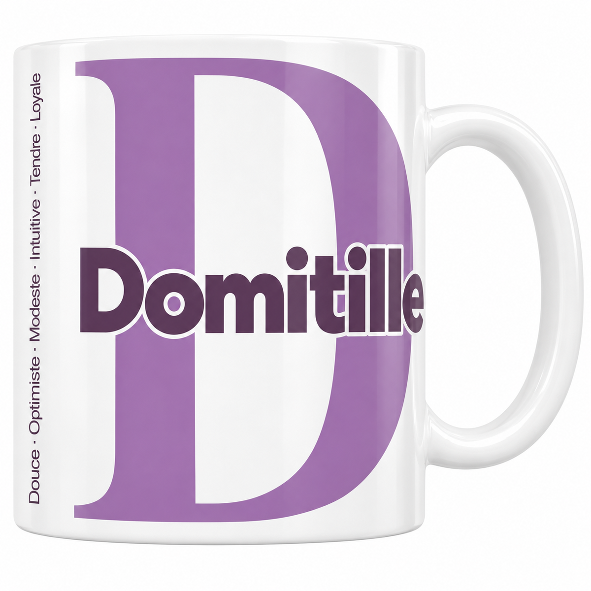 Mug blanc céramique 330 ml prénom Domitille : grande initiale D, prénom Domitille en lettres bold et six qualités verticales sur le côté
