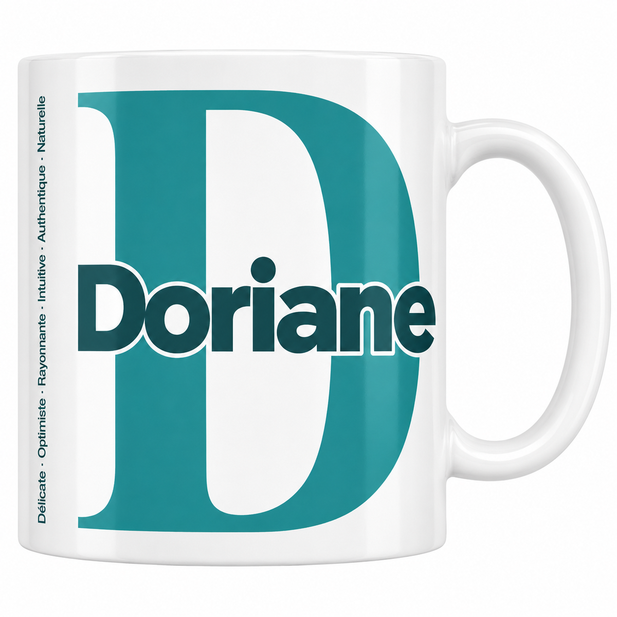 Mug blanc céramique 330 ml prénom Doriane : grande initiale D, prénom Doriane en lettres bold et six qualités verticales sur le côté