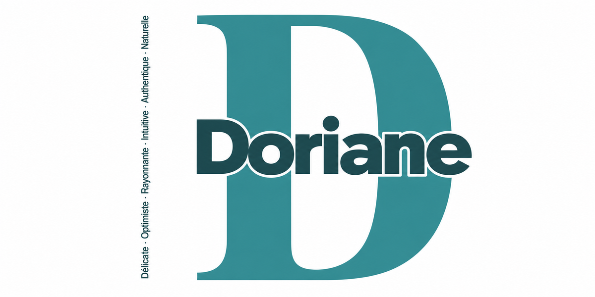 Visuel à plat du mug prénom Doriane : initiale D pleine hauteur, prénom Doriane centré et ligne verticale « Délicate · Optimiste · Rayonnante · Intuitive · Authentique · Naturelle »