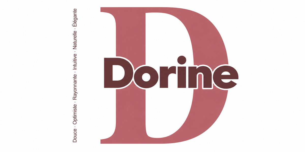 Visuel à plat du mug prénom Dorine : initiale D pleine hauteur, prénom Dorine centré et ligne verticale « Douce · Optimiste · Rayonnante · Intuitive · Naturelle · Élégante »