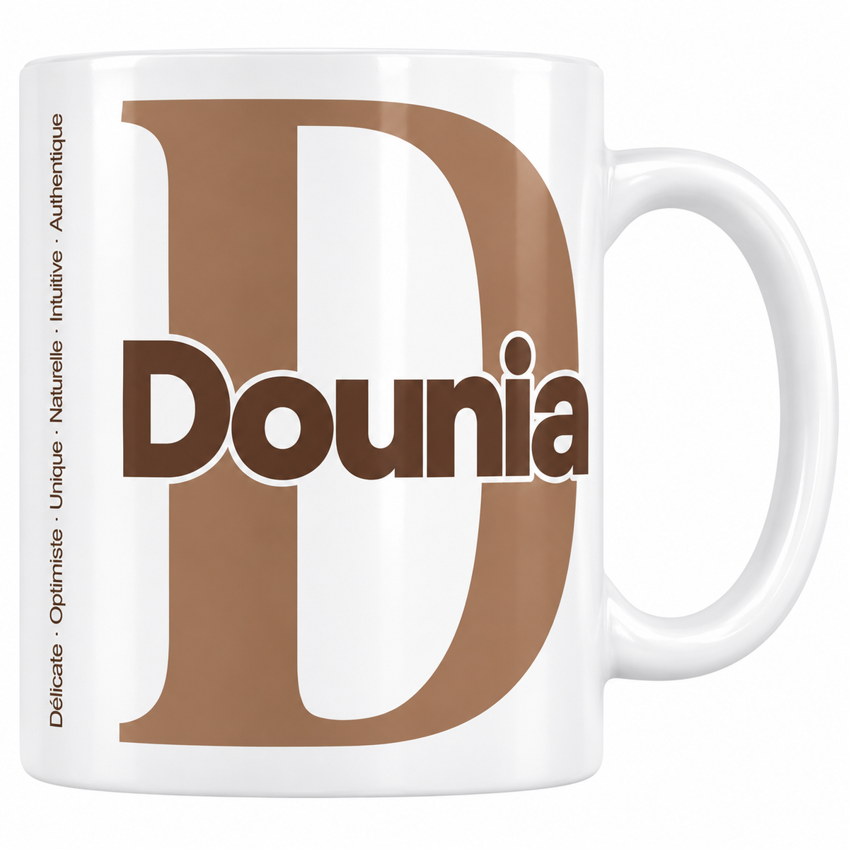 Mug blanc céramique 330 ml prénom Dounia : grande initiale D, prénom Dounia en lettres bold et six qualités verticales sur le côté
