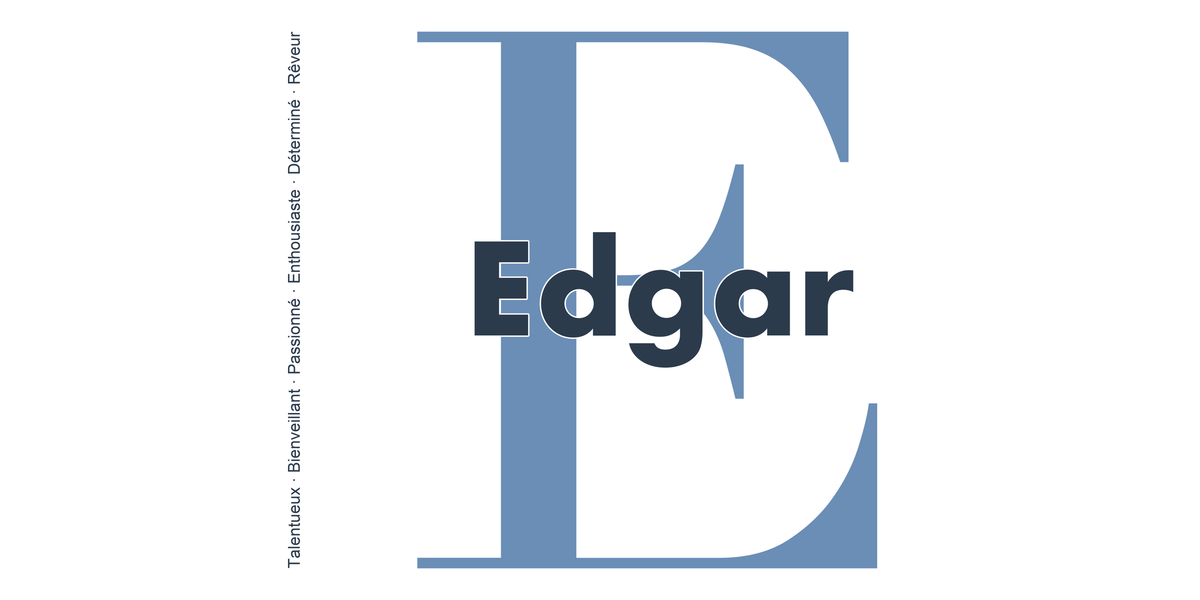 Visuel à plat du mug prénom Edgar : initiale E pleine hauteur, prénom Edgar centré et ligne verticale « Talentueux · Bienveillant · Passionné · Enthousiaste · Déterminé · Rêveur »