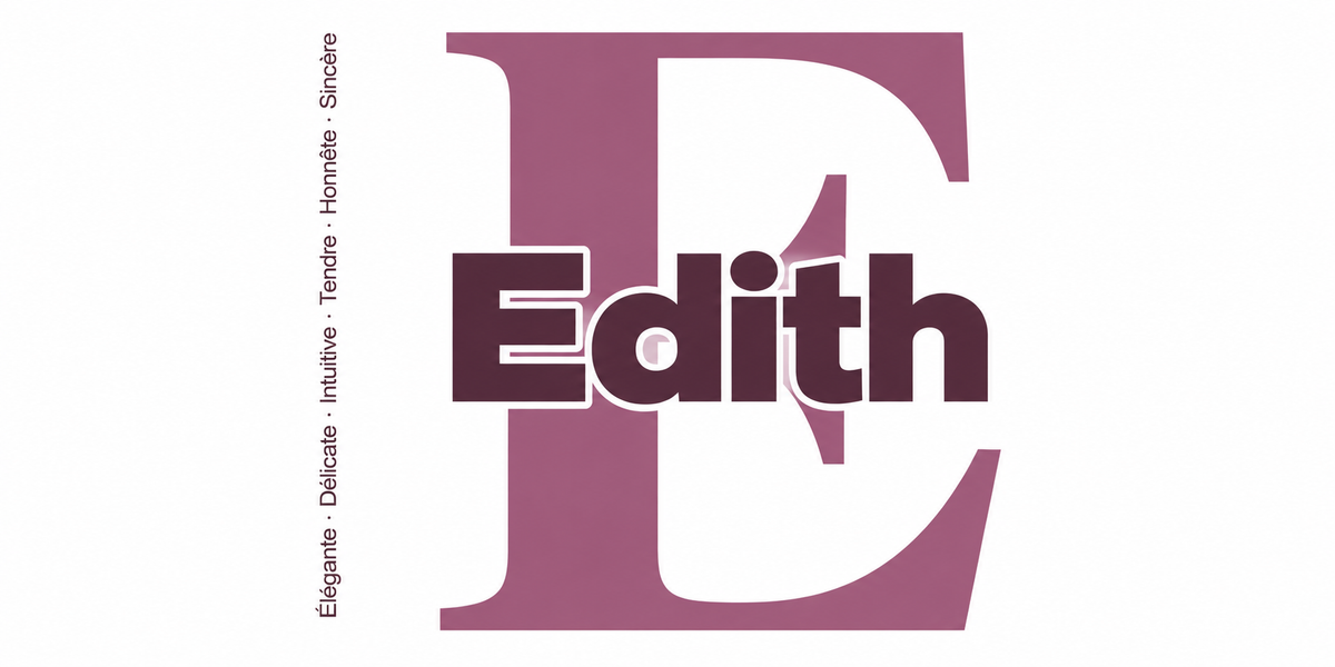 Visuel à plat du mug prénom Edith : initiale E pleine hauteur, prénom Edith centré et ligne verticale « Élégante · Délicate · Intuitive · Tendre · Honnête · Sincère »