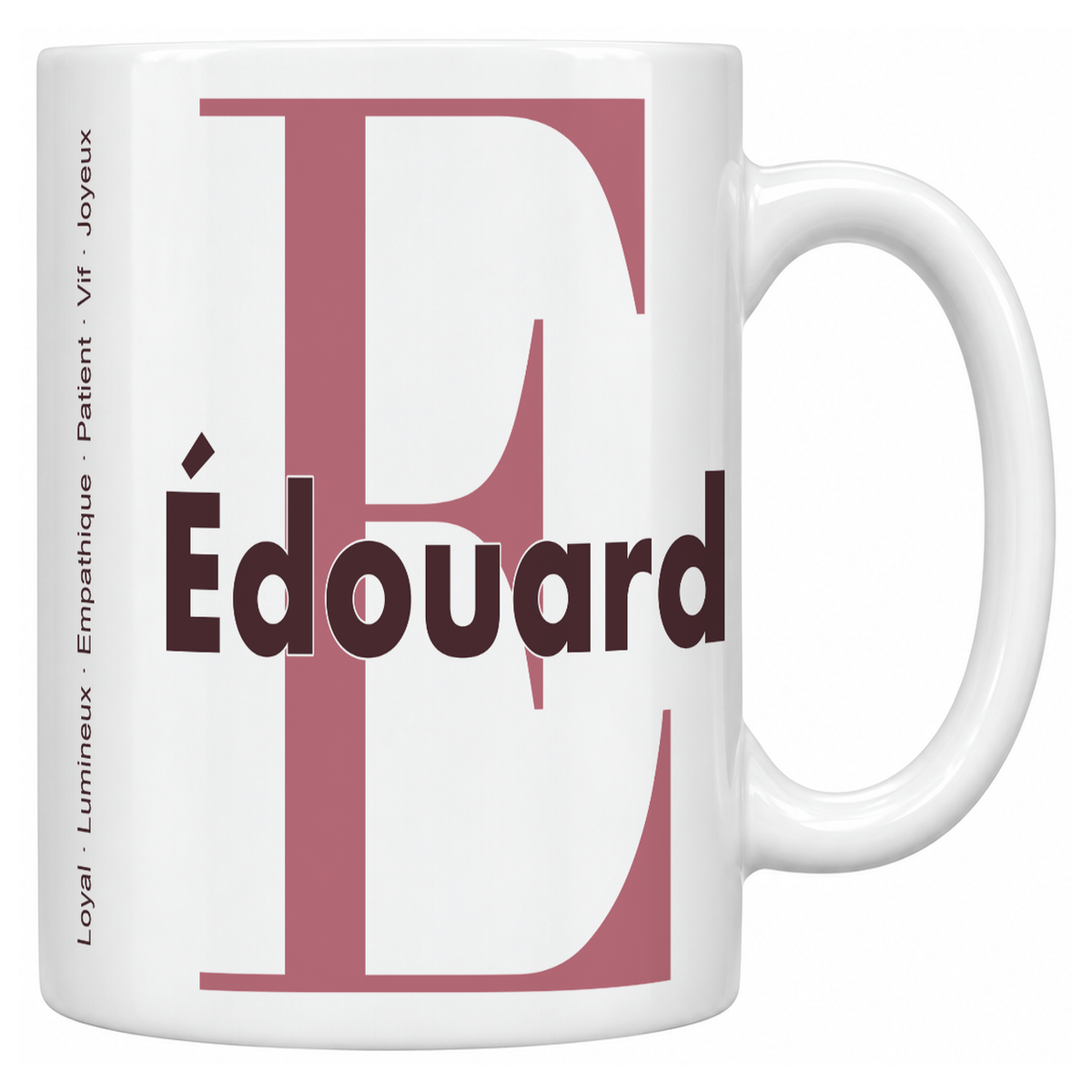 Mug blanc céramique 330 ml prénom Édouard : grande initiale E, prénom Édouard en lettres bold et six qualités verticales sur le côté