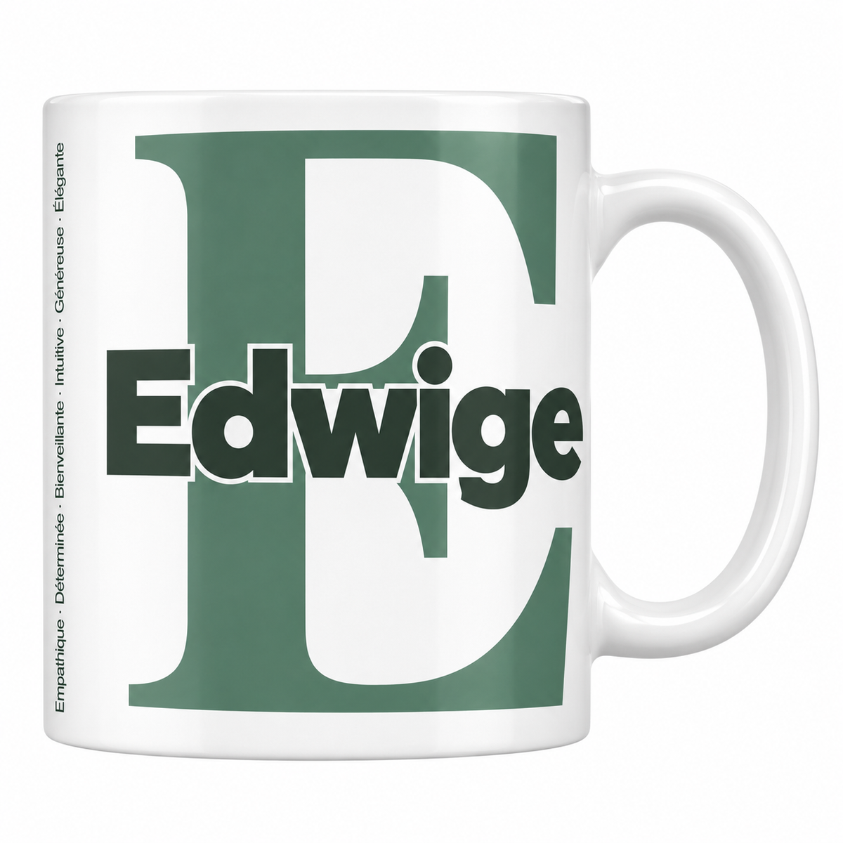 Mug blanc céramique 330 ml prénom Edwige : grande initiale E, prénom Edwige en lettres bold et six qualités verticales sur le côté