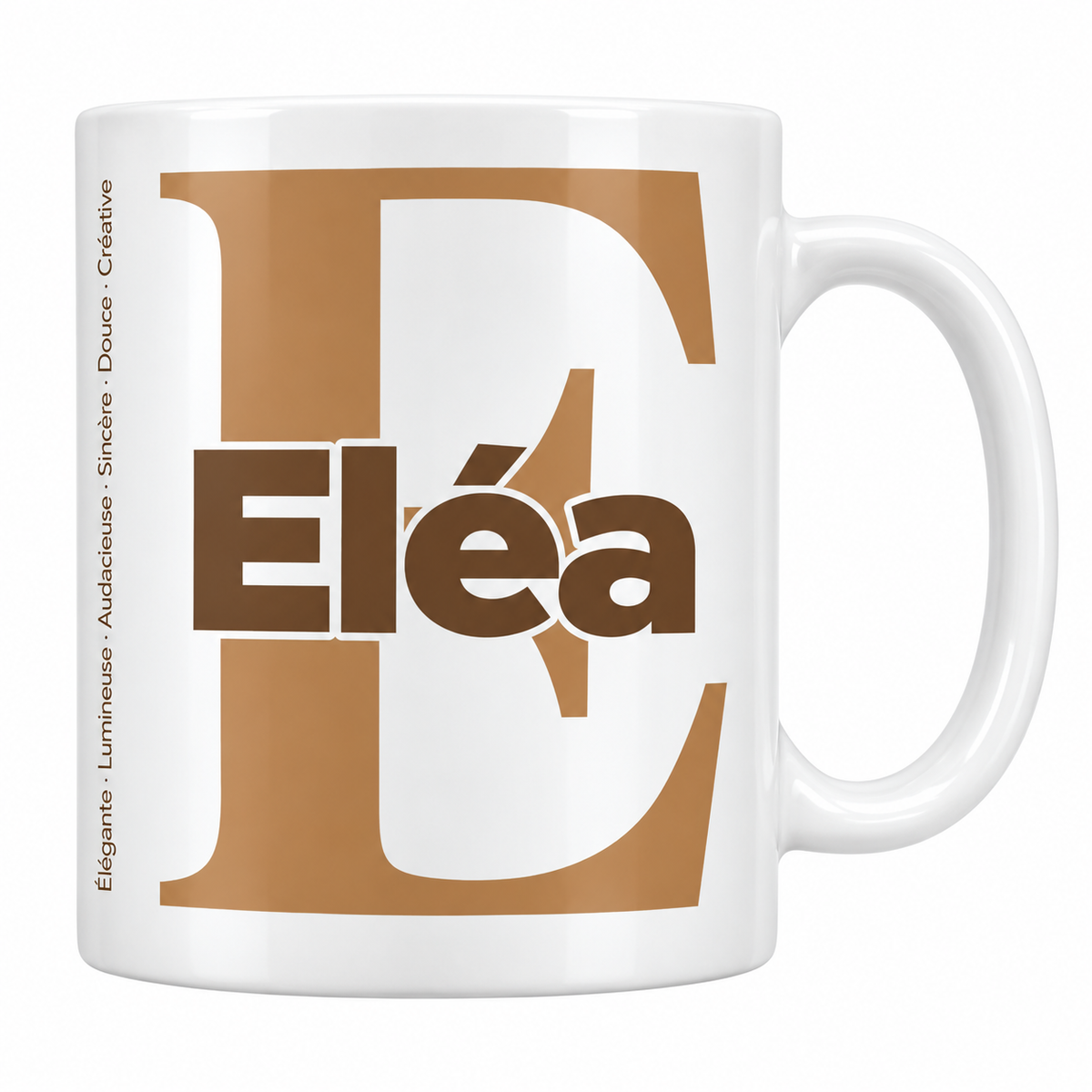 Mug blanc céramique 330 ml prénom Eléa : grande initiale E, prénom Eléa en lettres bold et six qualités verticales sur le côté