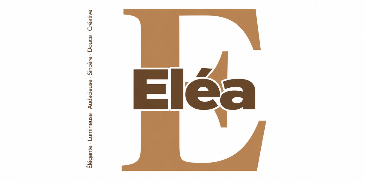 Visuel à plat du mug prénom Eléa : initiale E pleine hauteur, prénom Eléa centré et ligne verticale « Élégante · Lumineuse · Audacieuse · Sincère · Douce · Créative »