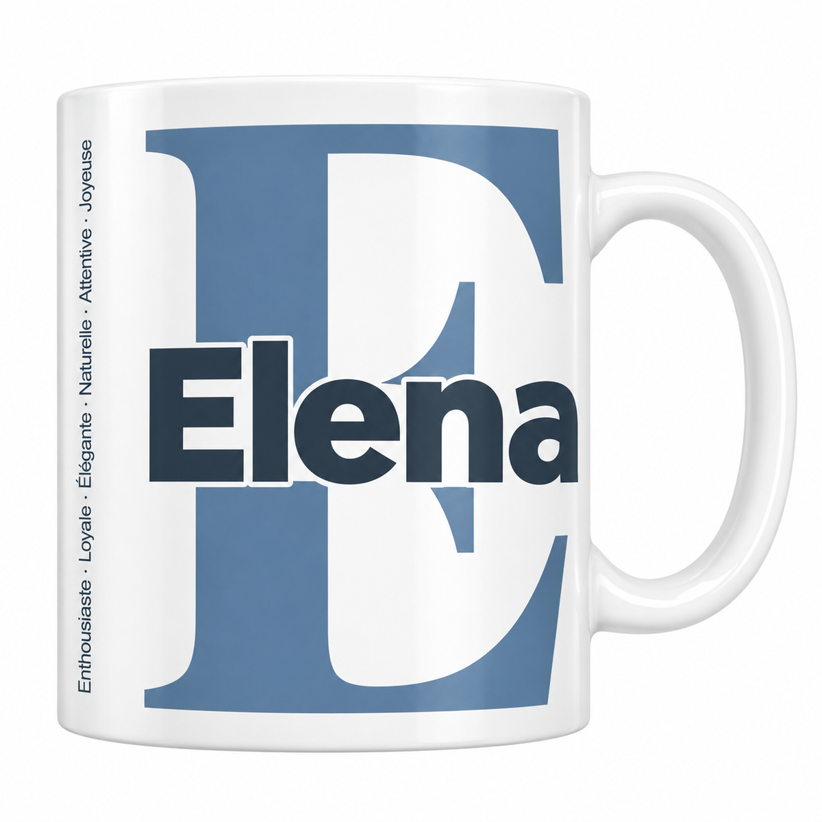 Mug blanc céramique 330 ml prénom Elena : grande initiale E, prénom Elena en lettres bold et six qualités verticales sur le côté