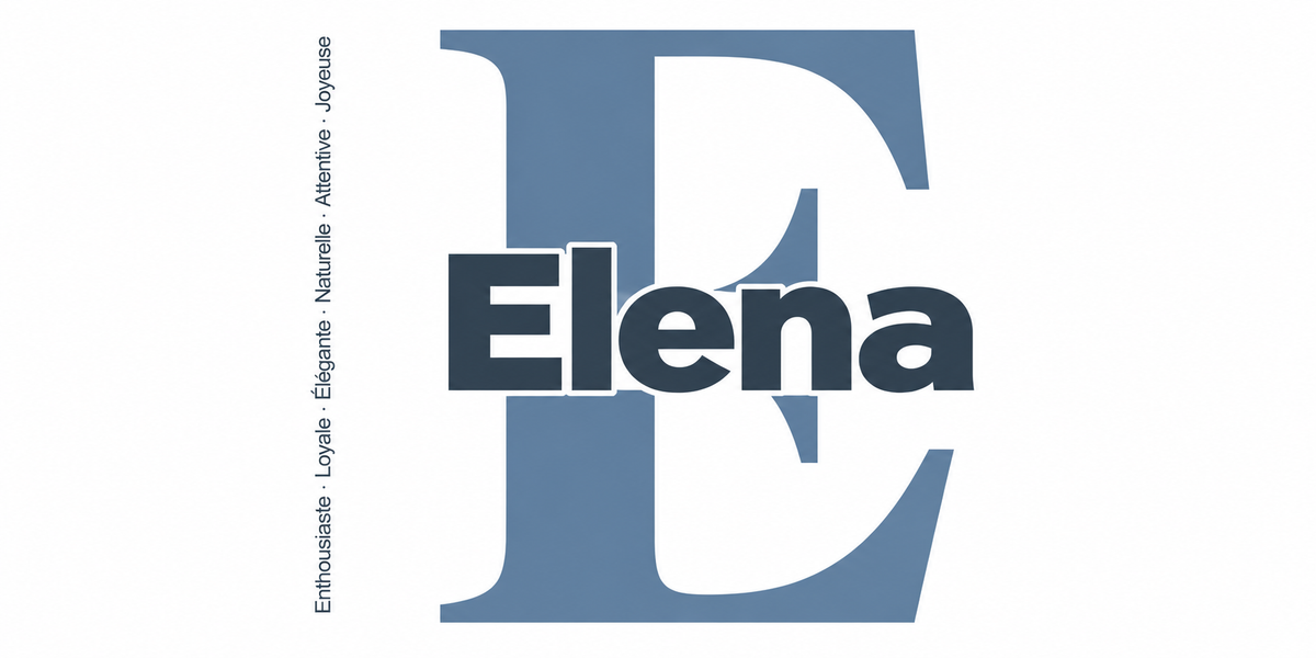Visuel à plat du mug prénom Elena : initiale E pleine hauteur, prénom Elena centré et ligne verticale « Enthousiaste · Loyale · Élégante · Naturelle · Attentive · Joyeuse »