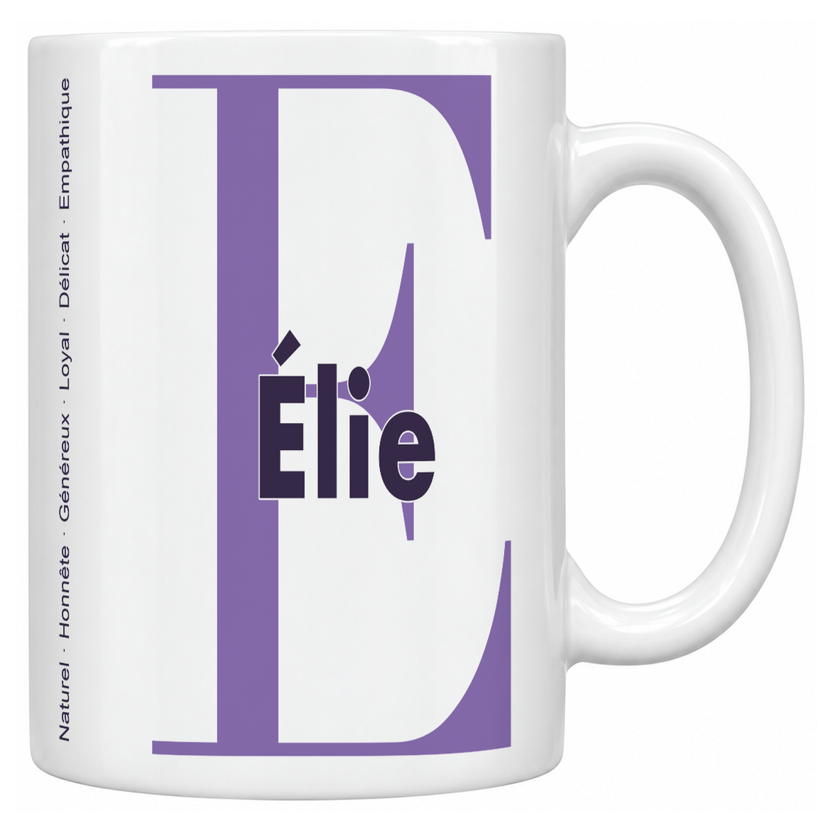 Mug blanc céramique 330 ml prénom Élie : grande initiale E, prénom Élie en lettres bold et six qualités verticales sur le côté
