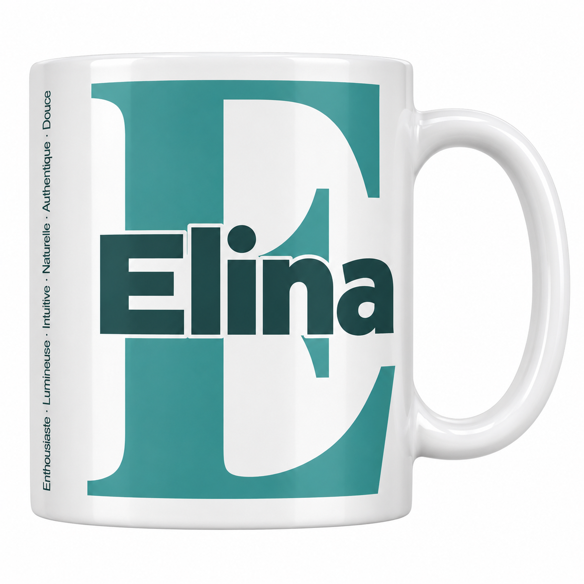 Mug blanc céramique 330 ml prénom Elina : grande initiale E, prénom Elina en lettres bold et six qualités verticales sur le côté
