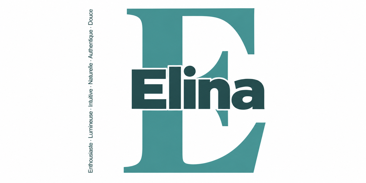 Visuel à plat du mug prénom Elina : initiale E pleine hauteur, prénom Elina centré et ligne verticale « Enthousiaste · Lumineuse · Intuitive · Naturelle · Authentique · Douce »