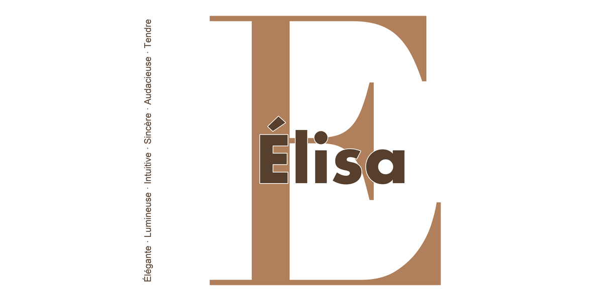Visuel à plat du mug prénom Élisa : initiale E pleine hauteur, prénom Élisa centré et ligne verticale « Élégante · Lumineuse · Intuitive · Sincère · Audacieuse · Tendre »