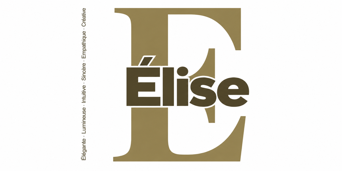 Visuel à plat du mug prénom Élise : initiale E pleine hauteur, prénom Élise centré et ligne verticale « Élégante · Lumineuse · Intuitive · Sincère · Empathique · Créative »