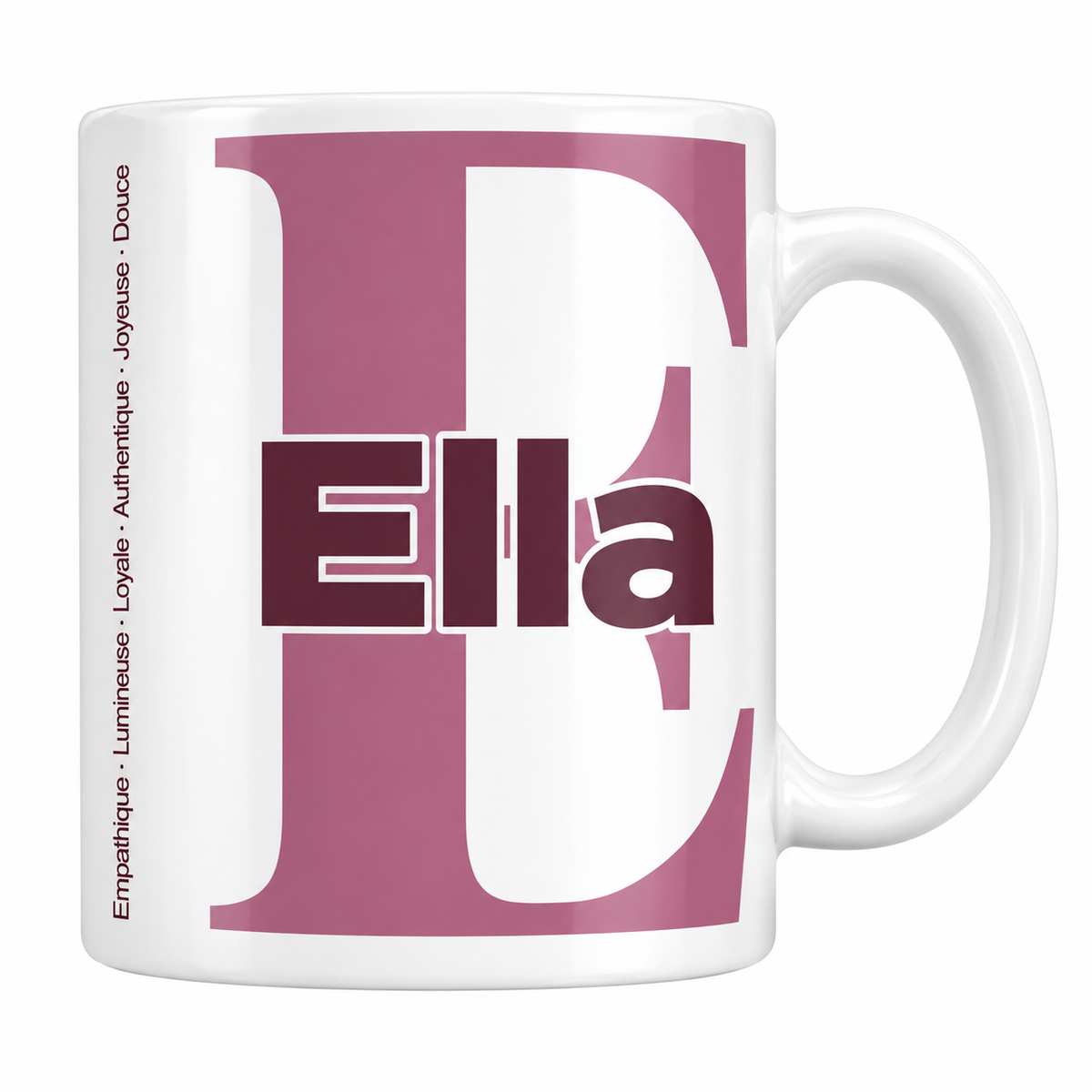 Mug blanc céramique 330 ml prénom Ella : grande initiale E, prénom Ella en lettres bold et six qualités verticales sur le côté