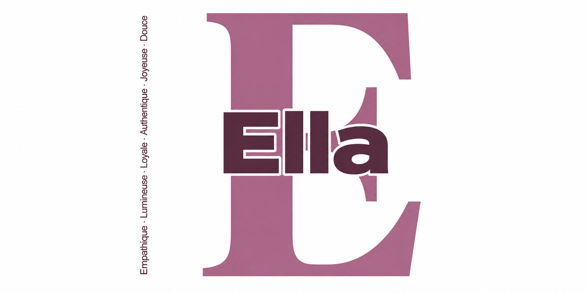 Visuel à plat du mug prénom Ella : initiale E pleine hauteur, prénom Ella centré et ligne verticale « Empathique · Lumineuse · Loyale · Authentique · Joyeuse · Douce »